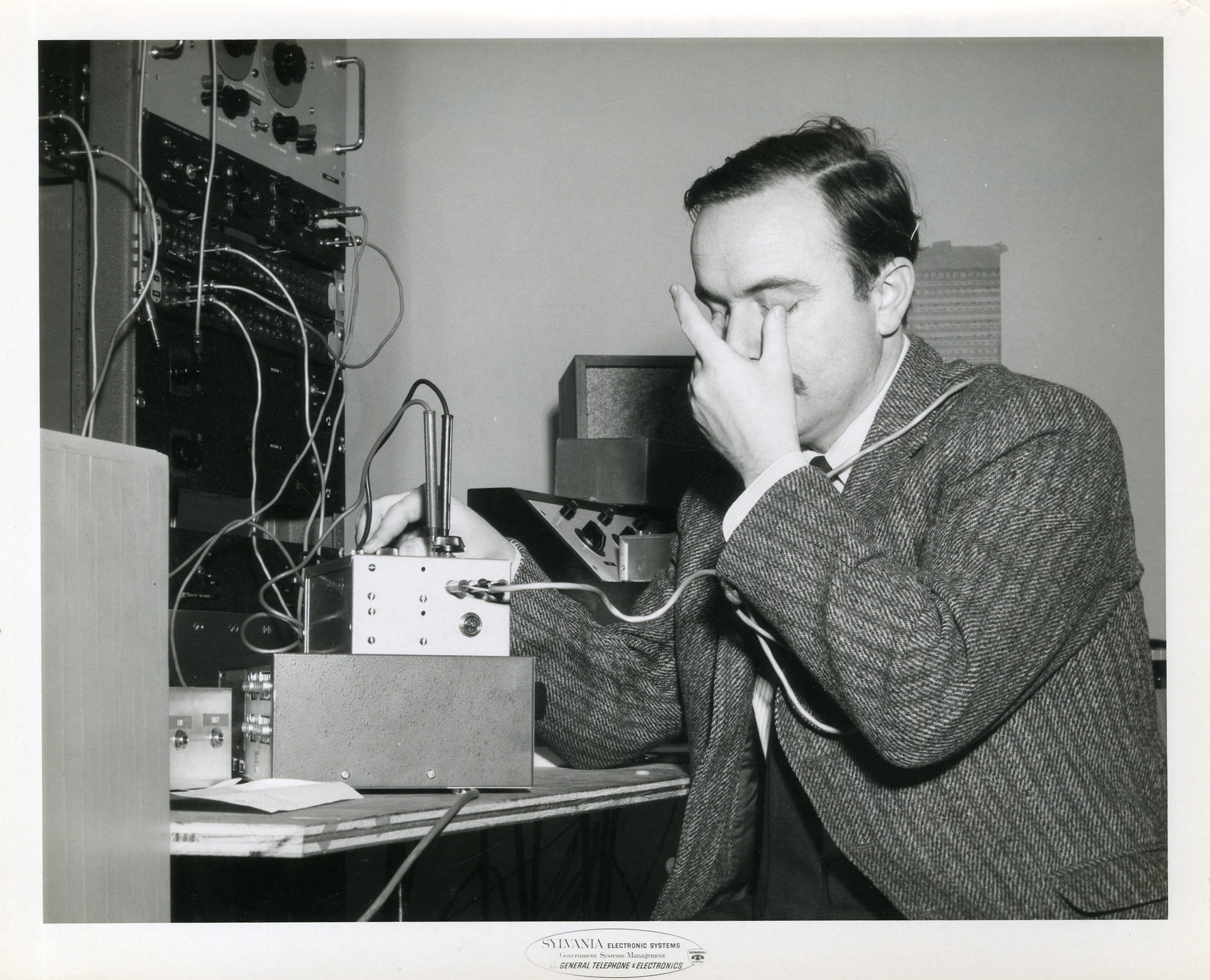 <p>Alvin Lucier practicing brainwave control in the Brandeis Electronic Music Studio, in preparation for Music for Solo Performer, 1965. Image courtesy of Alvin Lucier.</p>