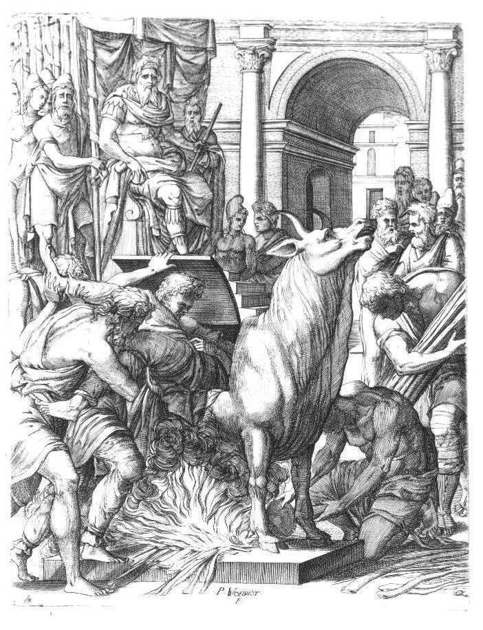 <p>Pierre Woeiriot, <em>Phalaris condemning the sculptor Perillus to the Bronze Bull, after Baldassare Peruzzi</em> (before 1562)</p>