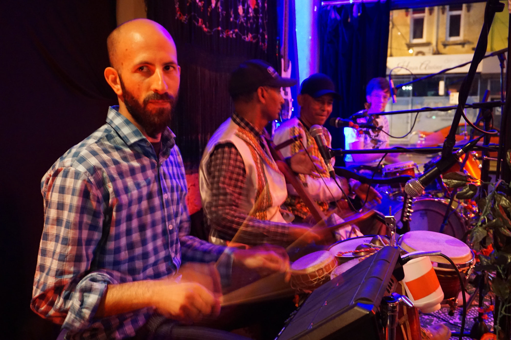 <p>Music Yared (from left to right: Dale Gorfinkel, Haftu Reda, Anbessa Gebrehiwot, Evelyn Morris)<br>Bar Oussou, Narrm/Melbourne, 2017. Photo: Eric Jensen.</p>