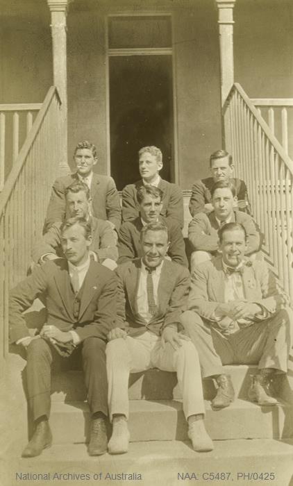 <p>Photograph, La Perouse Cable Station staff seated on the steps of the station, c 1900 Overseas Telecommunications Commission (OTC) photographic collection National Archives of Australia</p>