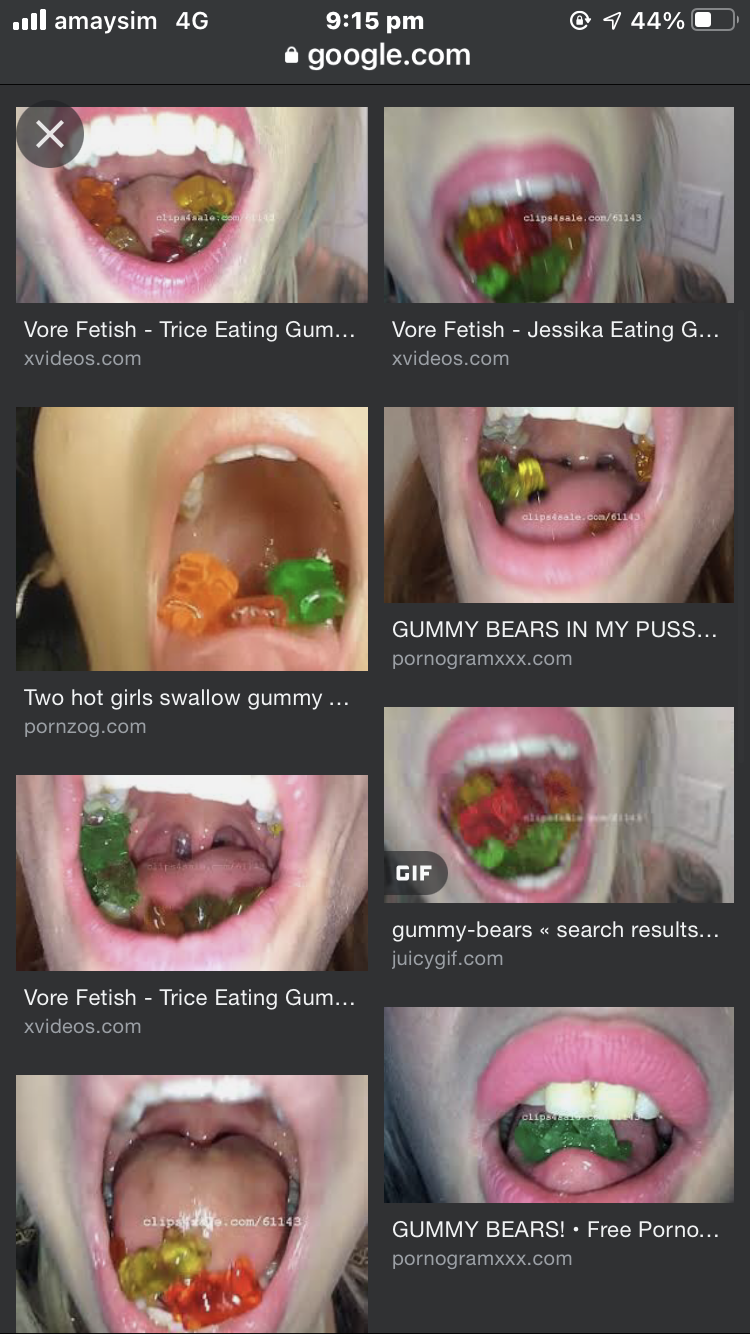 <p>Image: screenshot of google image search, ‘Gummy Bear Swallow XXX’</p>
