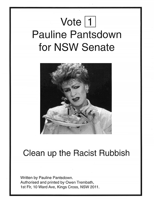 <p>Pauline Pantsdown election handbill, 1998.</p>