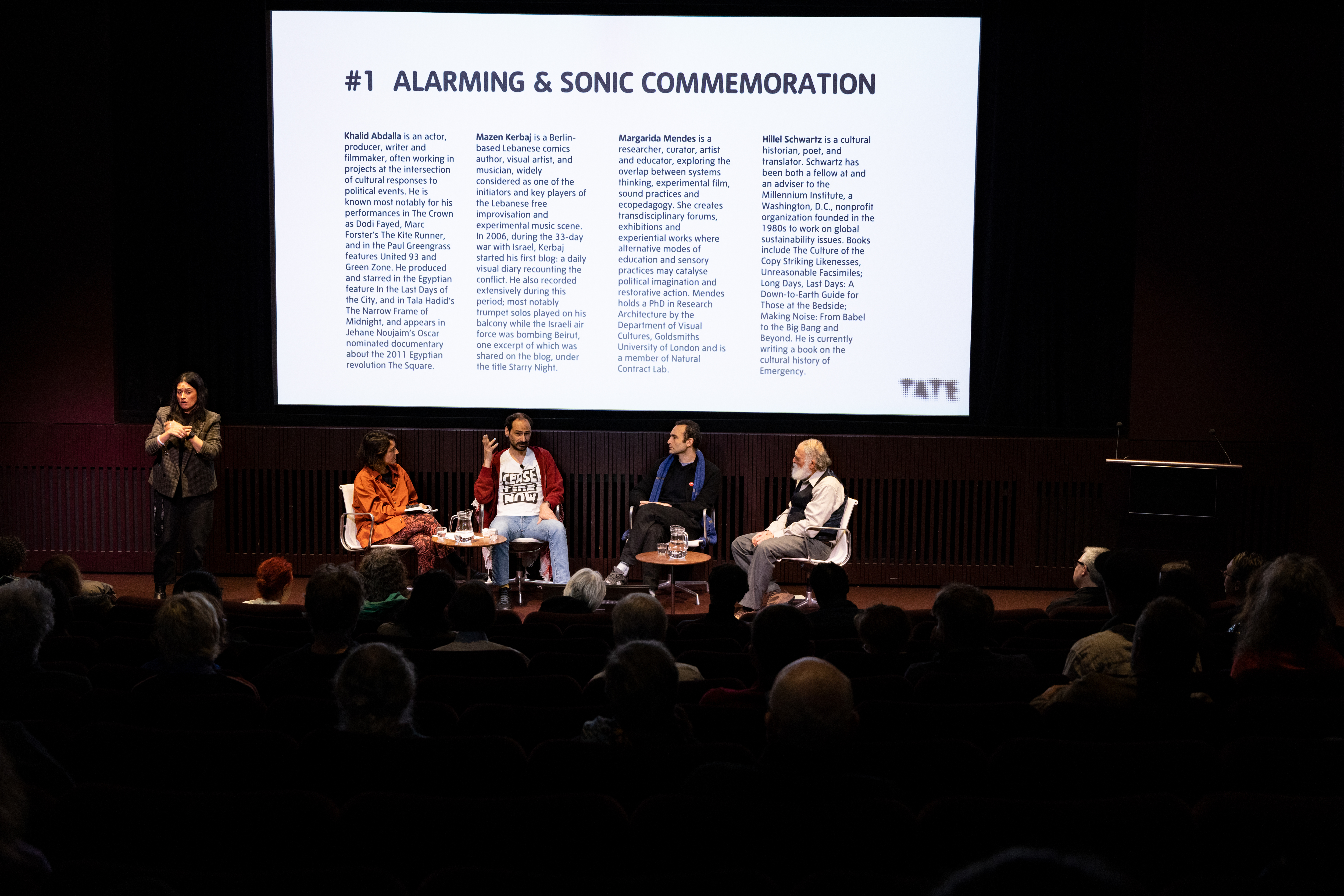 <p>Margarida Mendes, Mazen Kerbaj, Khalid Abdalla and Hillel Schwartz, Photo © Tate, photography Christa Holka</p>