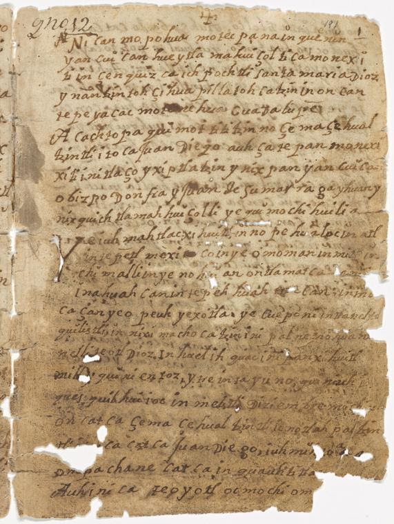 <p>Manuscript page: <em>Nican Mopohua</em>, 1500–1600 (approx.). Image source: Wikimedia Commons.</p>